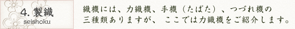 4. 製織｜織機には、力織機、手機（たばた）、つづれ機の三種類ありますが、ここでは力織機をご紹介します。